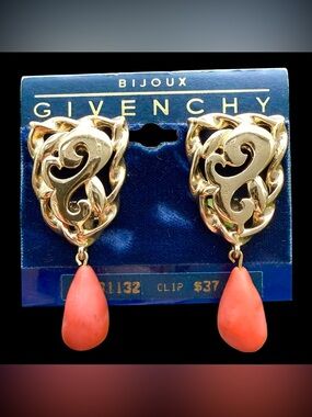 NOS VTG Givenchy Gold Dangle Swirl Clip Earrings Glass Drop Original Card Back